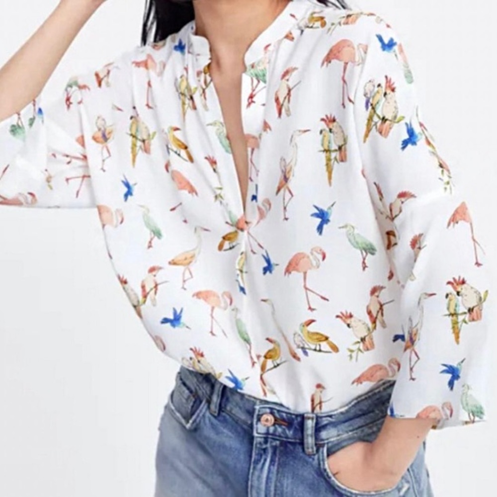 Zara Parrot & Flamingo Novelty Print Birds Blouse